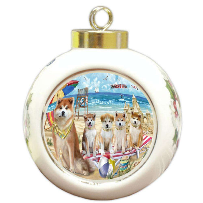 Pet Friendly Beach Akitas Dog Round Ball Christmas Ornament RBPOR49944