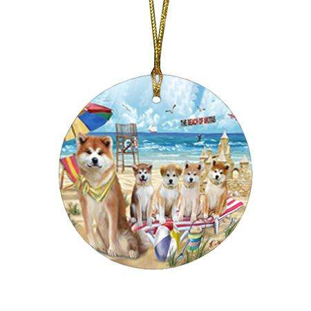Pet Friendly Beach Akitas Dog Round Flat Christmas Ornament RFPOR49935
