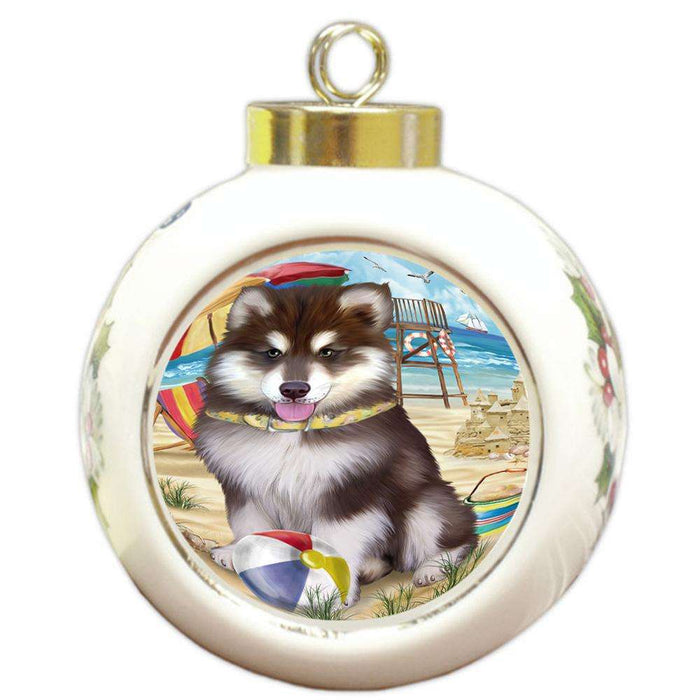 Pet Friendly Beach Alaskan Malamute Dog Round Ball Christmas Ornament RBPOR49951