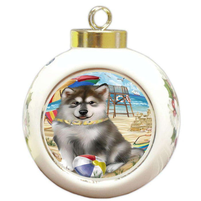 Pet Friendly Beach Alaskan Malamute Dog Round Ball Christmas Ornament RBPOR49952