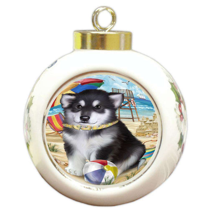 Pet Friendly Beach Alaskan Malamute Dog Round Ball Christmas Ornament RBPOR49953