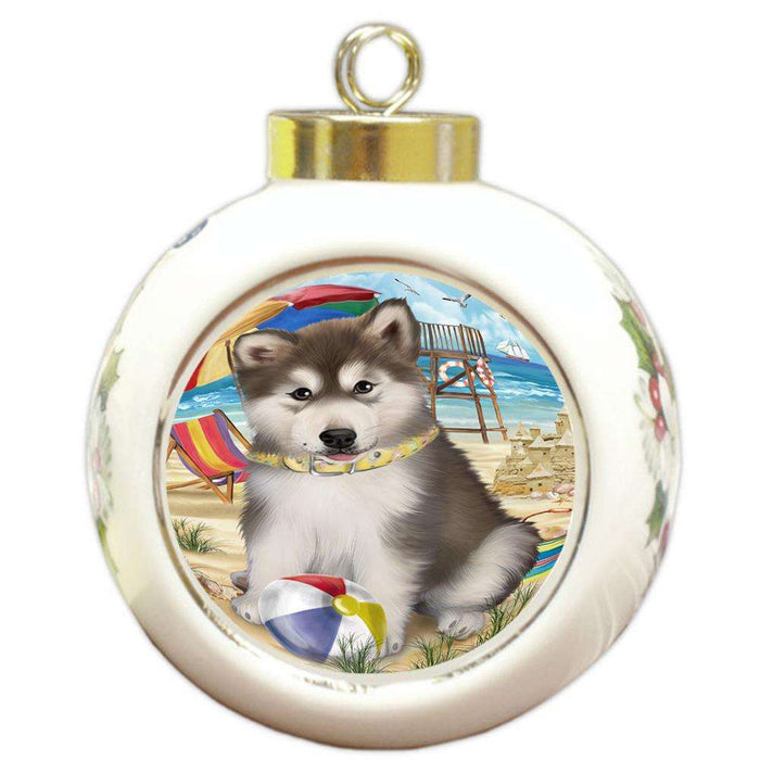 Pet Friendly Beach Alaskan Malamute Dog Round Ball Christmas Ornament RBPOR49954