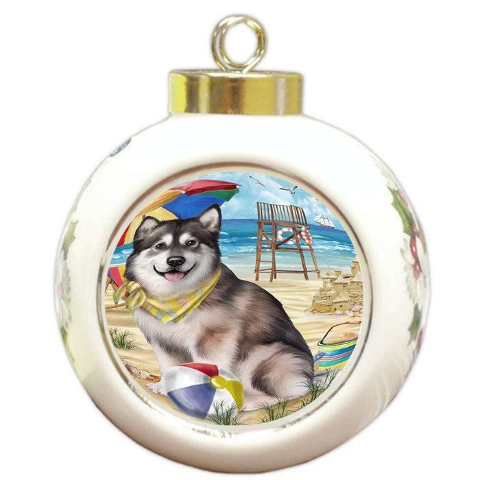 Pet Friendly Beach Alaskan Malamute Dog Round Ball Christmas Ornament RBPOR49955