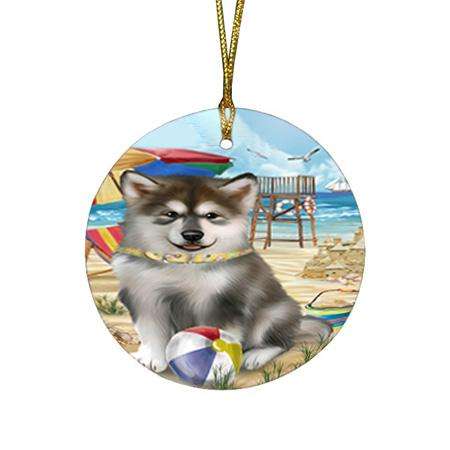 Pet Friendly Beach Alaskan Malamute Dog Round Flat Christmas Ornament RFPOR49943
