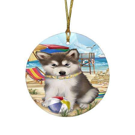Pet Friendly Beach Alaskan Malamute Dog Round Flat Christmas Ornament RFPOR49945