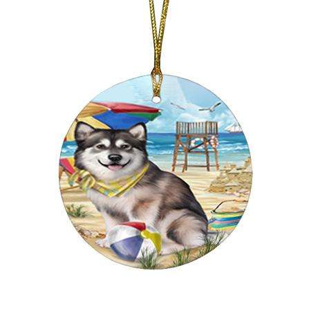 Pet Friendly Beach Alaskan Malamute Dog Round Flat Christmas Ornament RFPOR49946