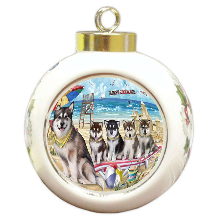 Pet Friendly Beach Alaskan Malamutes Dog Round Ball Christmas Ornament RBPOR49950