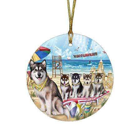 Pet Friendly Beach Alaskan Malamutes Dog Round Flat Christmas Ornament RFPOR49941