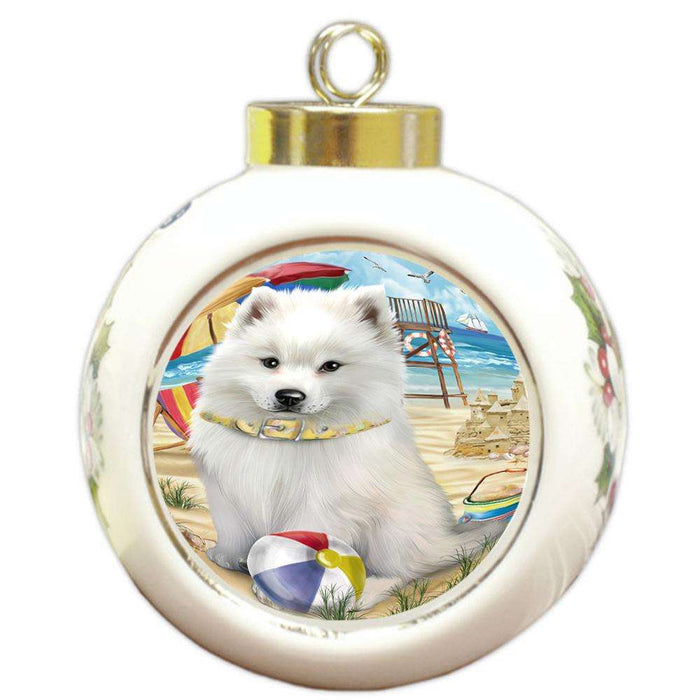 Pet Friendly Beach American Eskimo Dog Round Ball Christmas Ornament RBPOR49957