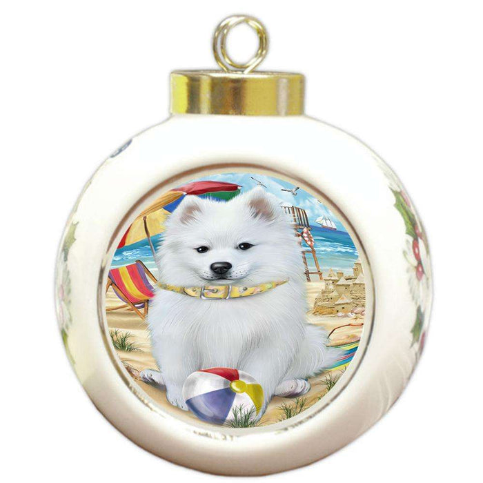 Pet Friendly Beach American Eskimo Dog Round Ball Christmas Ornament RBPOR49958
