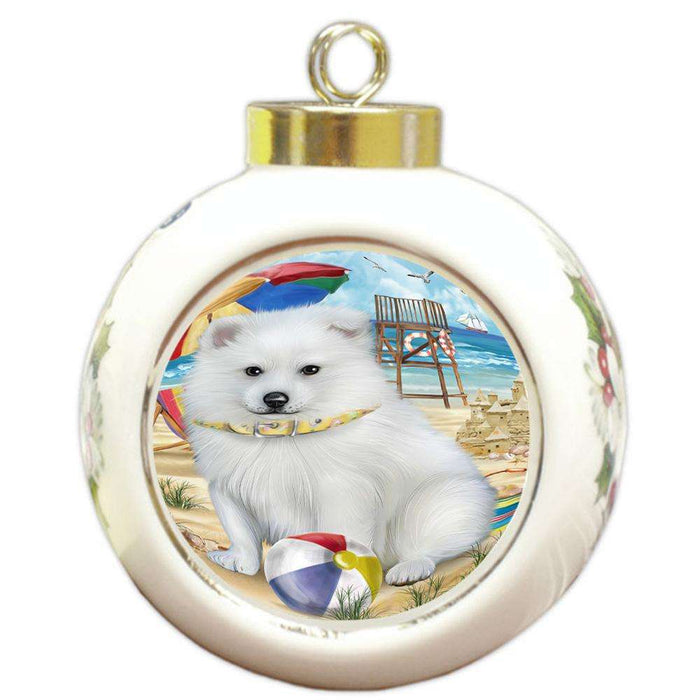 Pet Friendly Beach American Eskimo Dog Round Ball Christmas Ornament RBPOR49959