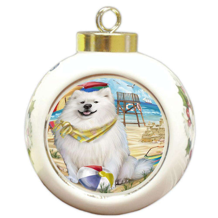 Pet Friendly Beach American Eskimo Dog Round Ball Christmas Ornament RBPOR49961