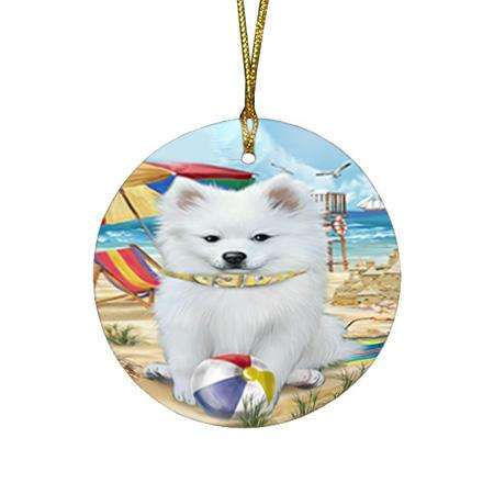 Pet Friendly Beach American Eskimo Dog Round Flat Christmas Ornament RFPOR49949