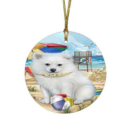 Pet Friendly Beach American Eskimo Dog Round Flat Christmas Ornament RFPOR49950
