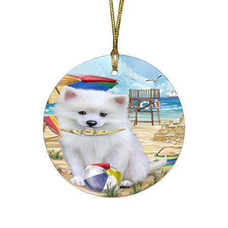 Pet Friendly Beach American Eskimo Dog Round Flat Christmas Ornament RFPOR49951