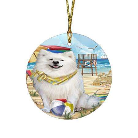 Pet Friendly Beach American Eskimo Dog Round Flat Christmas Ornament RFPOR49952