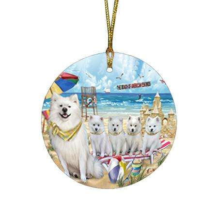 Pet Friendly Beach American Eskimos Dog Round Flat Christmas Ornament RFPOR49947