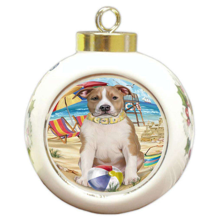 Pet Friendly Beach American Staffordshire Terrier Dog Round Ball Christmas Ornament RBPOR49964