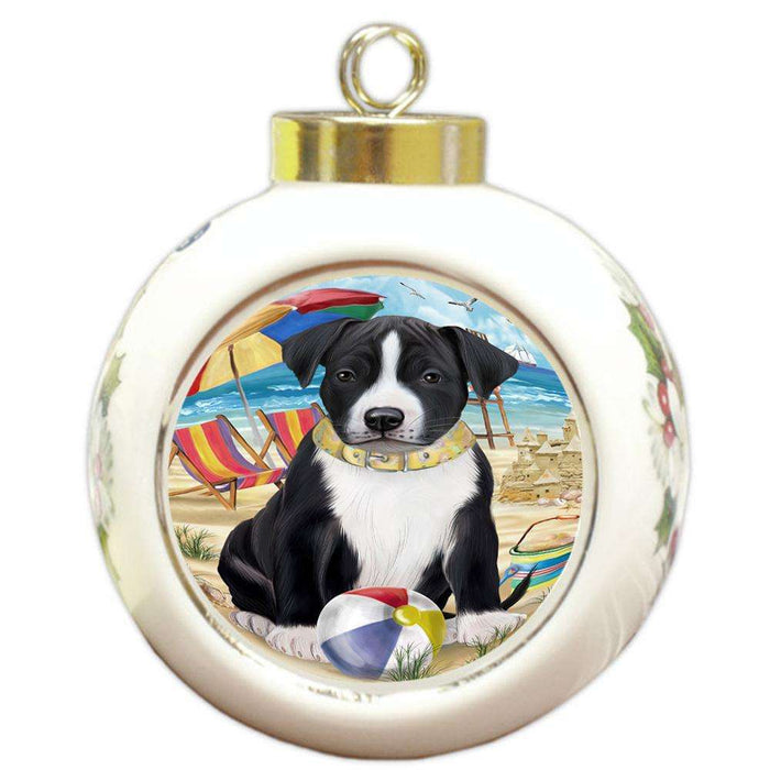 Pet Friendly Beach American Staffordshire Terrier Dog Round Ball Christmas Ornament RBPOR49965