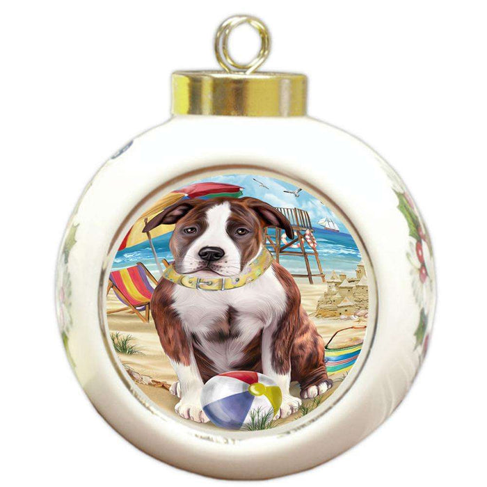 Pet Friendly Beach American Staffordshire Terrier Dog Round Ball Christmas Ornament RBPOR49966