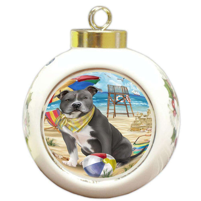 Pet Friendly Beach American Staffordshire Terrier Dog Round Ball Christmas Ornament RBPOR49967