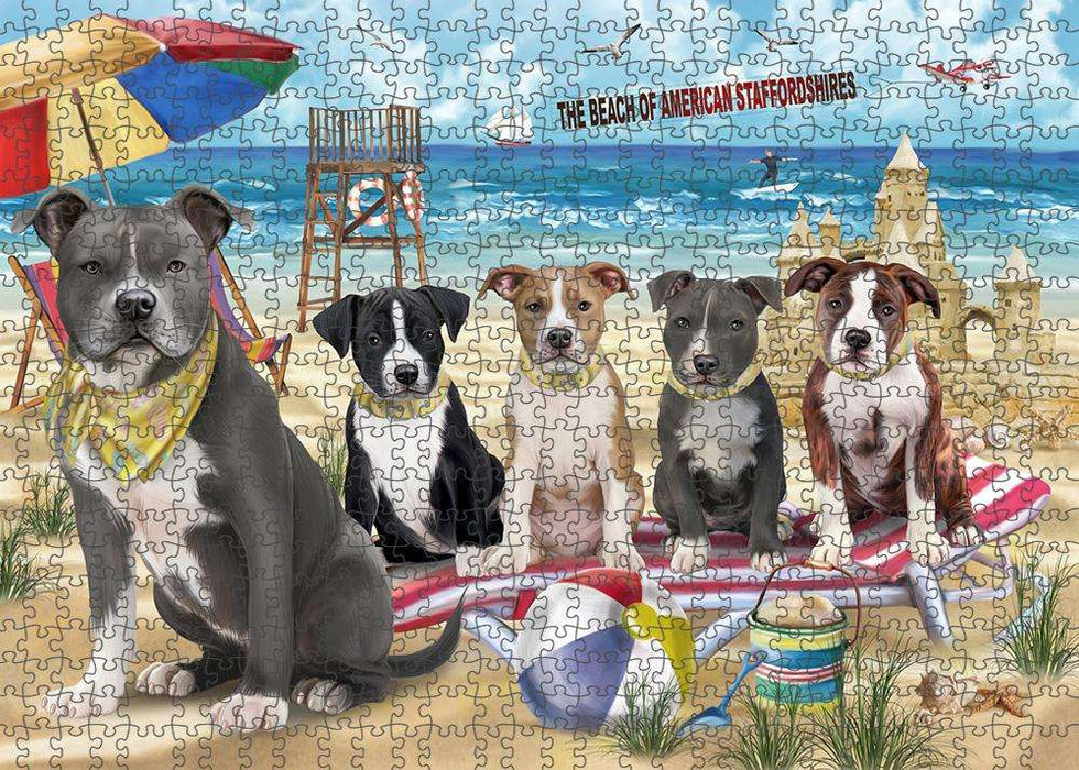 Pet Friendly Beach American Staffordshire Terriers Dog Puzzle with Photo Tin PUZL53592