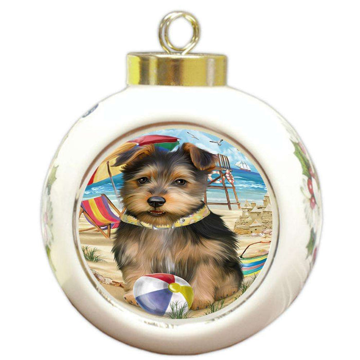 Pet Friendly Beach Australian Terrier Dog Round Ball Christmas Ornament RBPOR49981