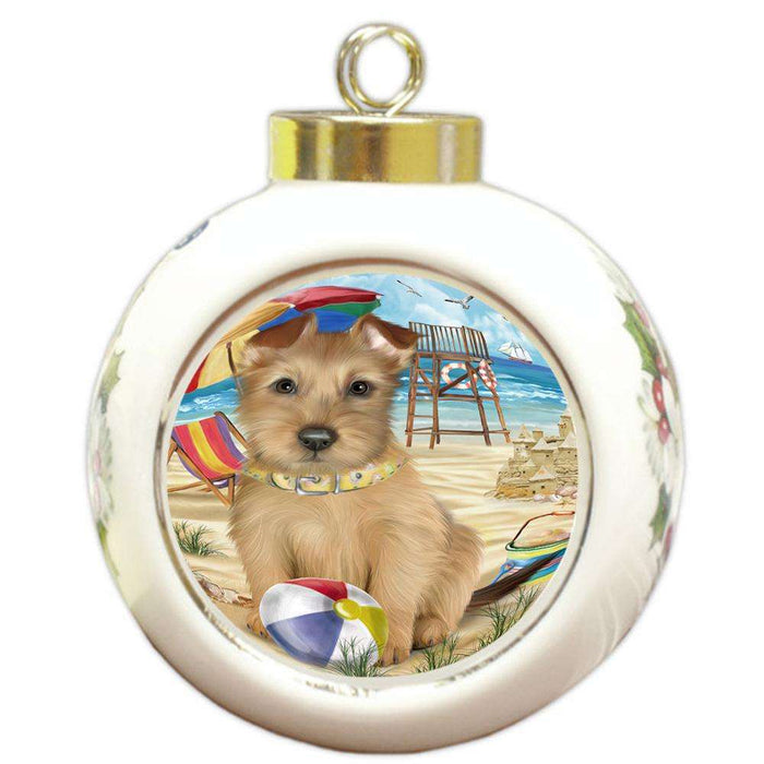 Pet Friendly Beach Australian Terrier Dog Round Ball Christmas Ornament RBPOR49984