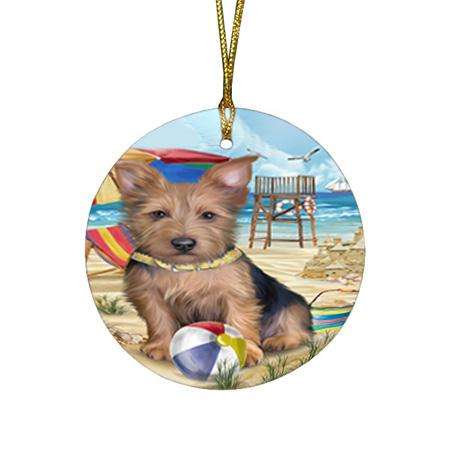 Pet Friendly Beach Australian Terrier Dog Round Flat Christmas Ornament RFPOR49973