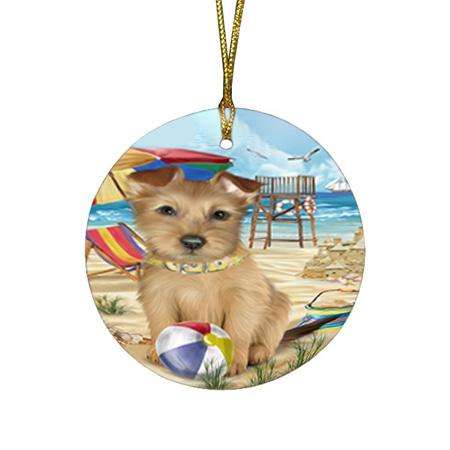 Pet Friendly Beach Australian Terrier Dog Round Flat Christmas Ornament RFPOR49975