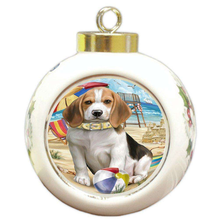 Pet Friendly Beach Beagle Dog Round Ball Christmas Ornament RBPOR48605