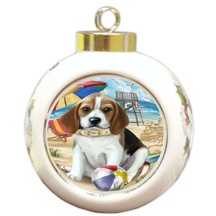 Pet Friendly Beach Beagle Dog Round Ball Christmas Ornament RBPOR48606