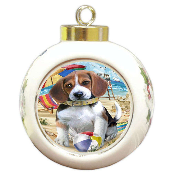 Pet Friendly Beach Beagle Dog Round Ball Christmas Ornament RBPOR48607