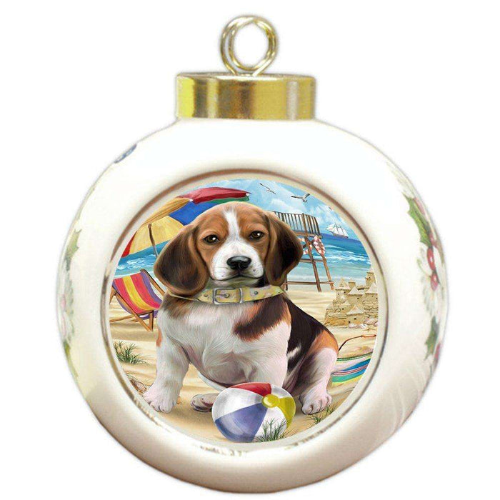 Pet Friendly Beach Beagle Dog Round Ball Christmas Ornament RBPOR48608