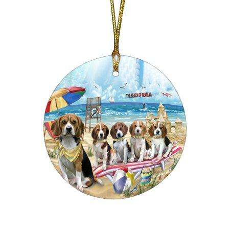 Pet Friendly Beach Beagles Dog Round Christmas Ornament RFPOR48595