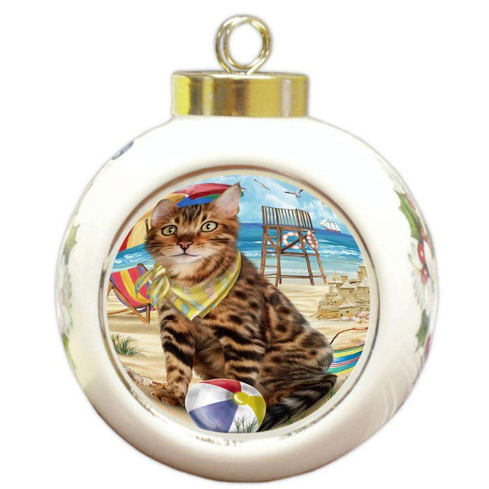 Pet Friendly Beach Bengal Cat Round Ball Christmas Ornament RBPOR51549