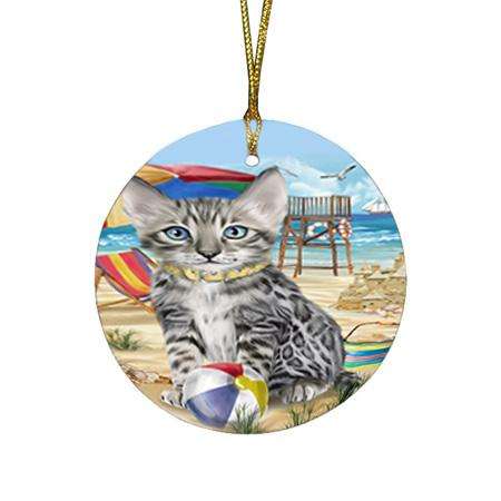 Pet Friendly Beach Bengal Cat Round Flat Christmas Ornament RFPOR51537