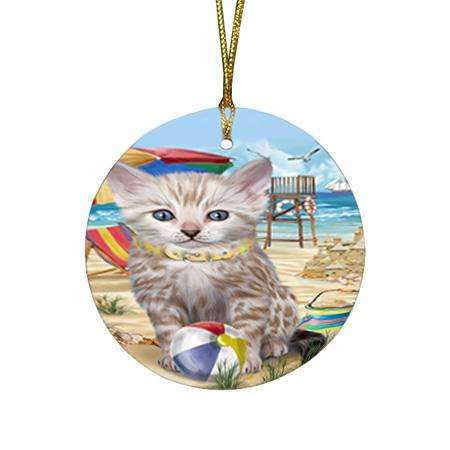 Pet Friendly Beach Bengal Cat Round Flat Christmas Ornament RFPOR51539