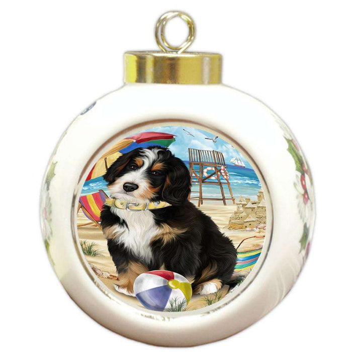 Pet Friendly Beach Bernedoodle Dog Round Ball Christmas Ornament RBPOR49987