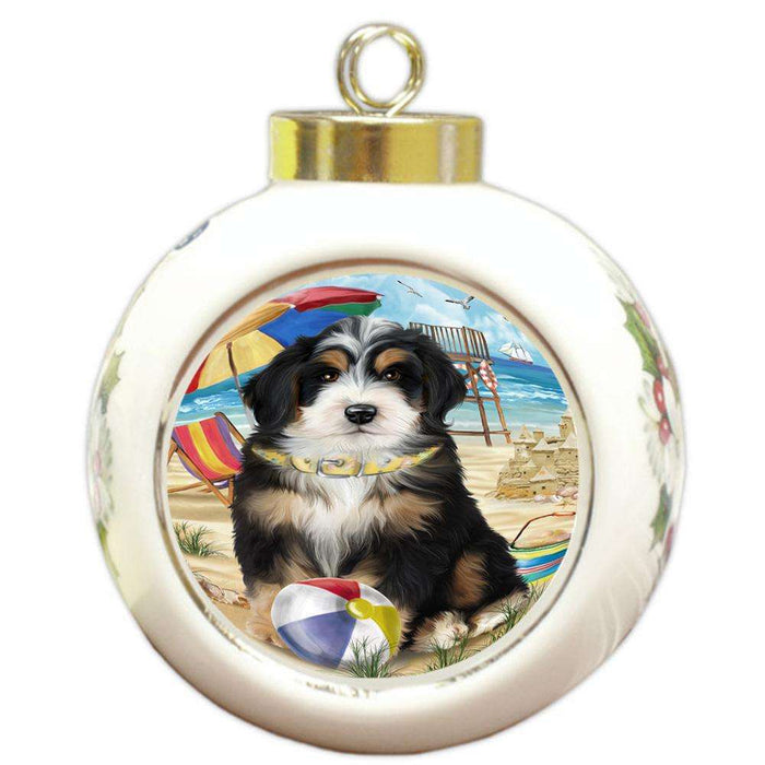 Pet Friendly Beach Bernedoodle Dog Round Ball Christmas Ornament RBPOR49988