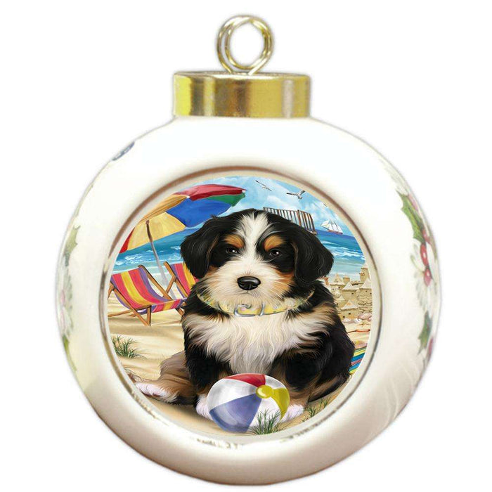 Pet Friendly Beach Bernedoodle Dog Round Ball Christmas Ornament RBPOR49989