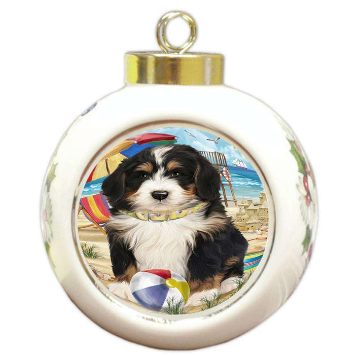 Pet Friendly Beach Bernedoodle Dog Round Ball Christmas Ornament RBPOR49990