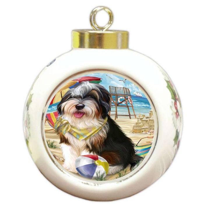 Pet Friendly Beach Bernedoodle Dog Round Ball Christmas Ornament RBPOR49991