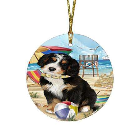 Pet Friendly Beach Bernedoodle Dog Round Flat Christmas Ornament RFPOR49978