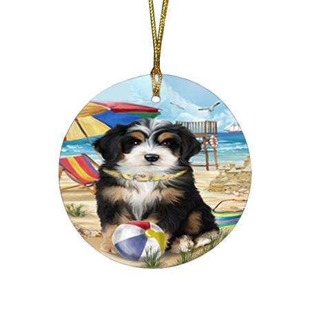 Pet Friendly Beach Bernedoodle Dog Round Flat Christmas Ornament RFPOR49979