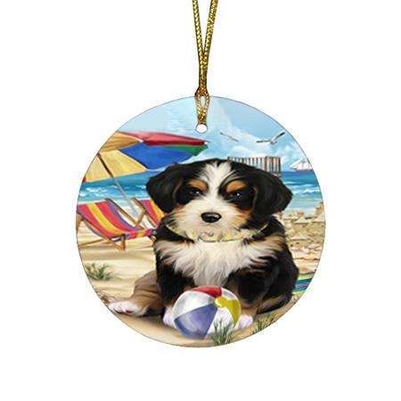 Pet Friendly Beach Bernedoodle Dog Round Flat Christmas Ornament RFPOR49980