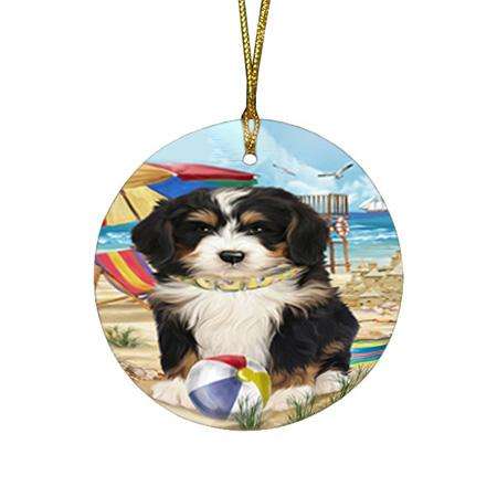 Pet Friendly Beach Bernedoodle Dog Round Flat Christmas Ornament RFPOR49981