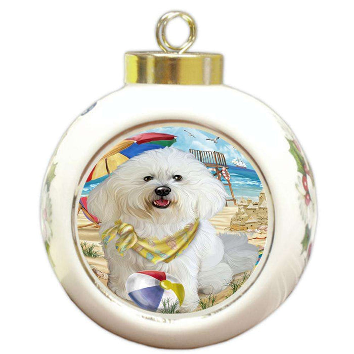 Pet Friendly Beach Bichon Frise Dog Round Ball Christmas Ornament RBPOR48616