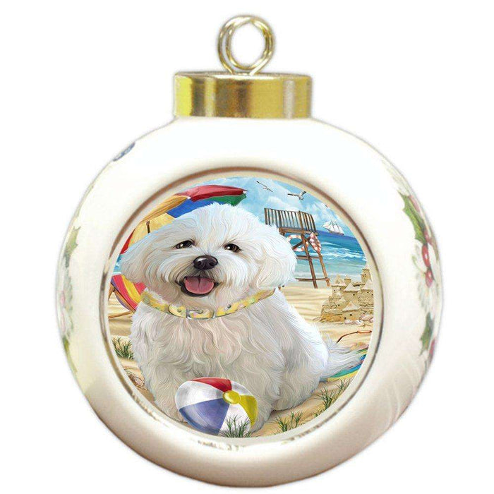 Pet Friendly Beach Bichon Frise Dog Round Ball Christmas Ornament RBPOR48620