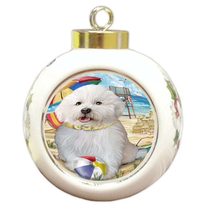 Pet Friendly Beach Bichon Frise Dog Round Ball Christmas Ornament RBPOR48621